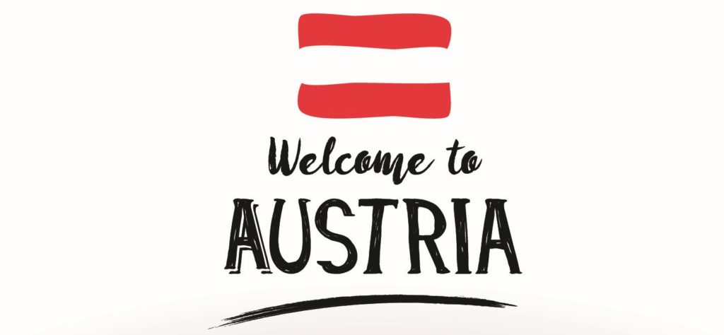 Österreich Flagge mit Schriftzug Welcome to Austria