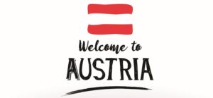 Österreich Flagge mit Schriftzug Welcome to Austria
