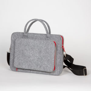 Tasche für Tablet oder Notebook in Grau mit roten Designelementen